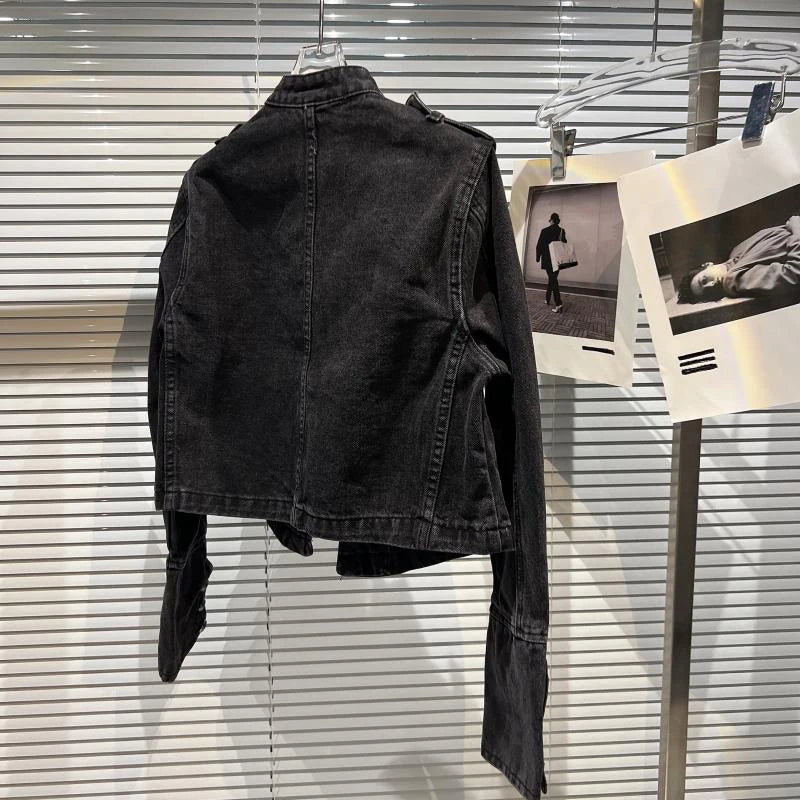 Veste en Jean Femme Style Punk Noir Col Montant Vintage Washed Manches Longues Loose – Blouson Moto Automne | Streetwear