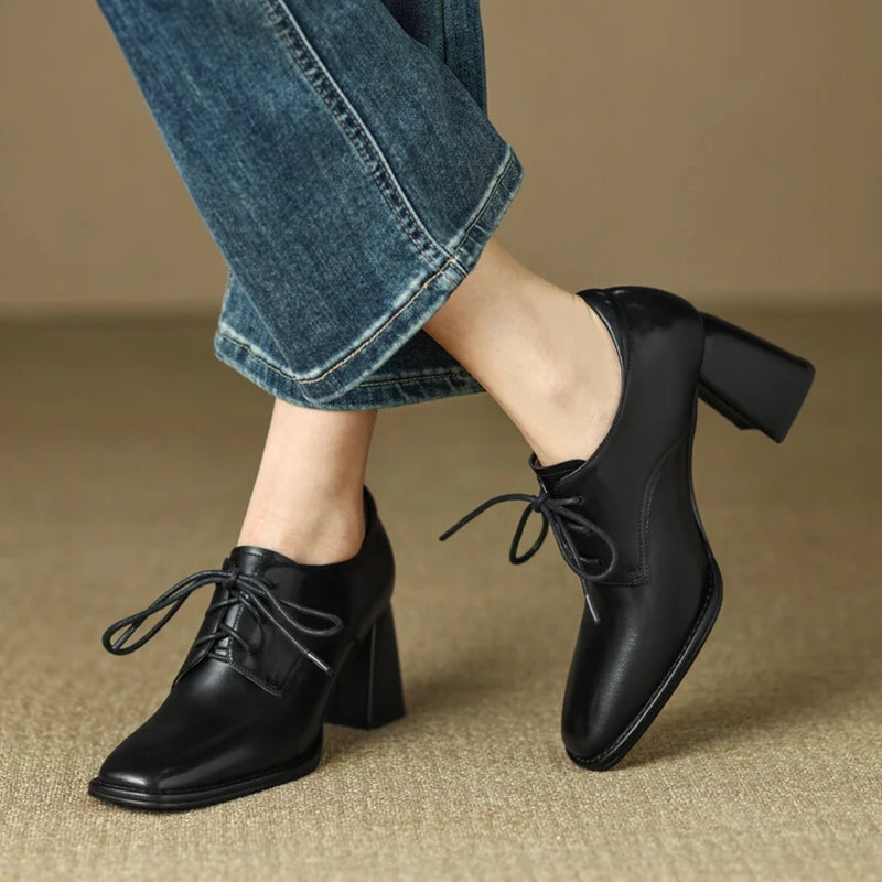 Loafers Bout Carré Chunky Heel Cuir Femme – Lacets Retro Noir Plus Size Printemps Automne