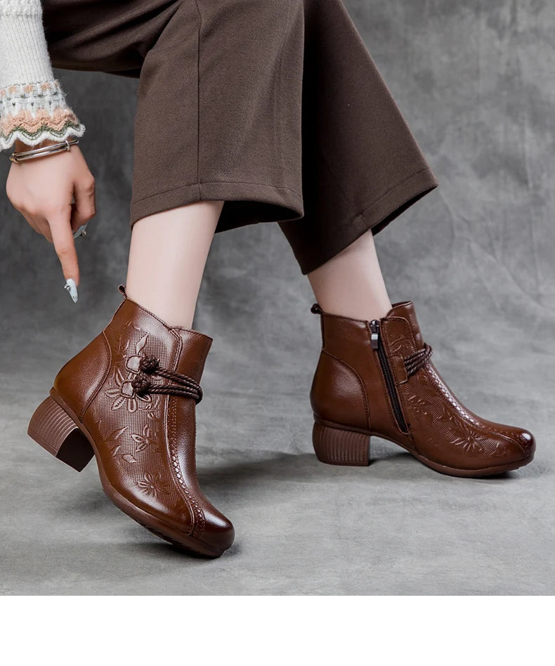GKTINOO Bottines Cuir Véritable Talon Épais 2026 – Zip Retro Fait Main Automne Hiver