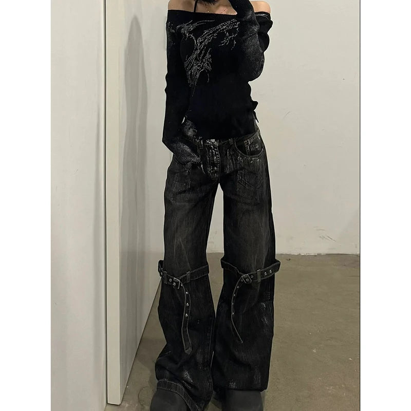 Jean Large Femme Noir Taille Haute Y2K Harajuku Étoiles Hip Hop Streetwear – Pantalon Denim Jambe Large Tendance | Style Coréen