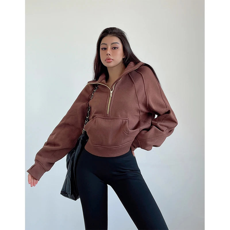 Sweat Femme Oversize Zip Polaire – Hoodie Streetwear Chaud Casual Rose Blanc