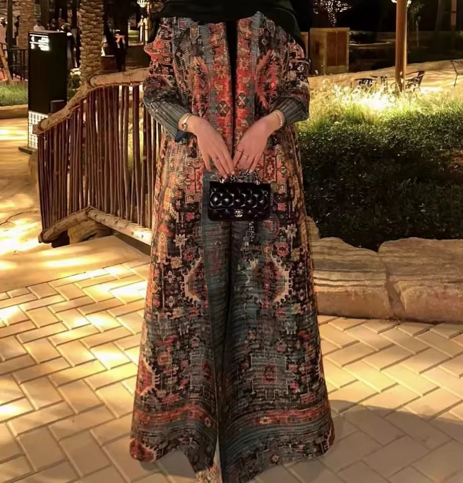 Kimono Cardigan Long Femme Abaya Imprimé Vintage Miyake Fluide Ample – Mode Modesté & Élégance