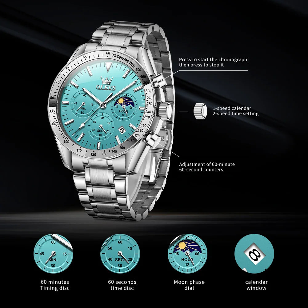Montre Homme OLEVS Chronographe Phase de Lune Quartz Bleu Acier – Étanche Lumineux Date Fashion