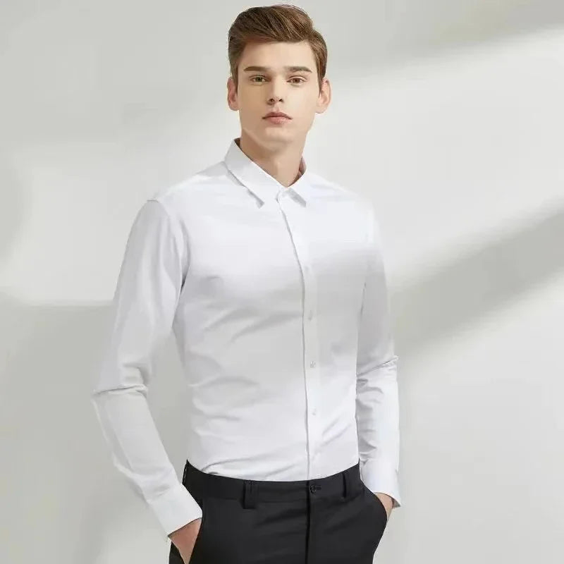 Chemise Homme Manches Longues Élastique Col Mao Sans Repassage – Tenue Professionnelle Business Dress Élégante | Mode Homme Premium