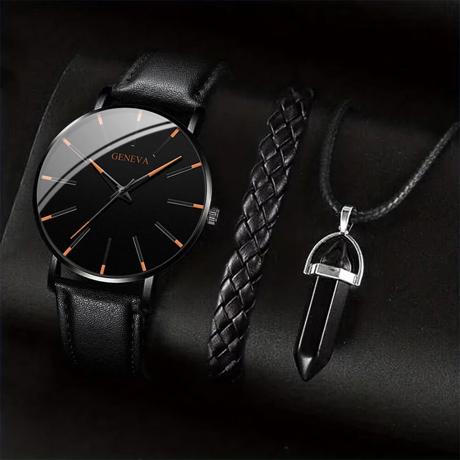 Coffret 3 Pièces Homme Montre Quartz Cuir + Bracelet + Collier – Set Business Fashion Élégant