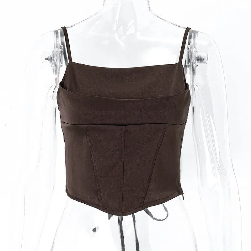 Crop Top Bretelles Fines Bandage Dos Nu & Lacets - Sexy Skinny Streetwear Soirée Femme Été