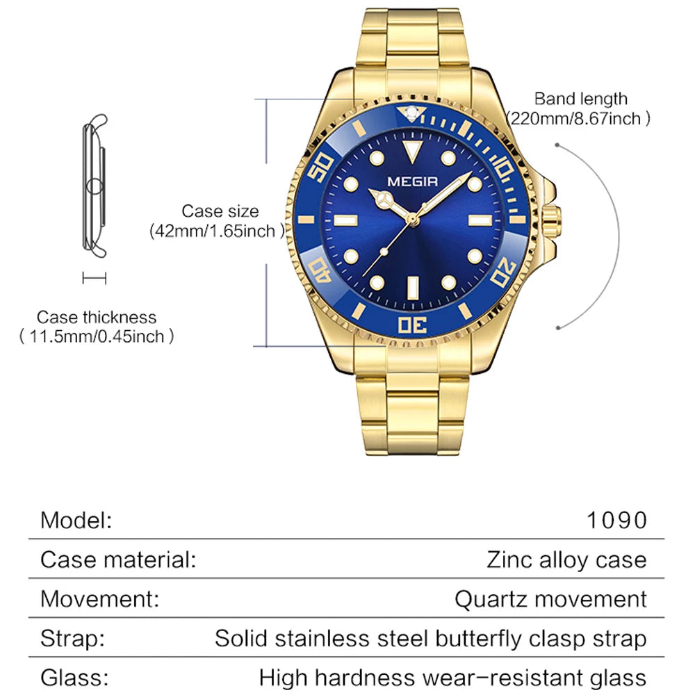 Montre Homme Luxe MEGIR Quartz Acier Calendrier – Classique Étanche Fashion