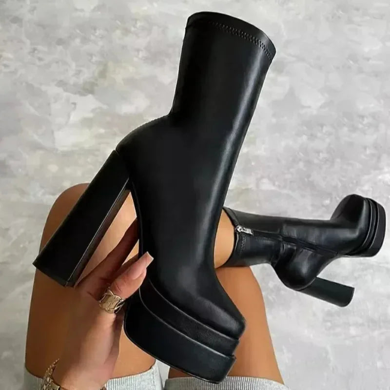 Bottines Chunky Punk Zip Plateforme Femme 2024 – Talon Haut Sexy Élastique Hiver