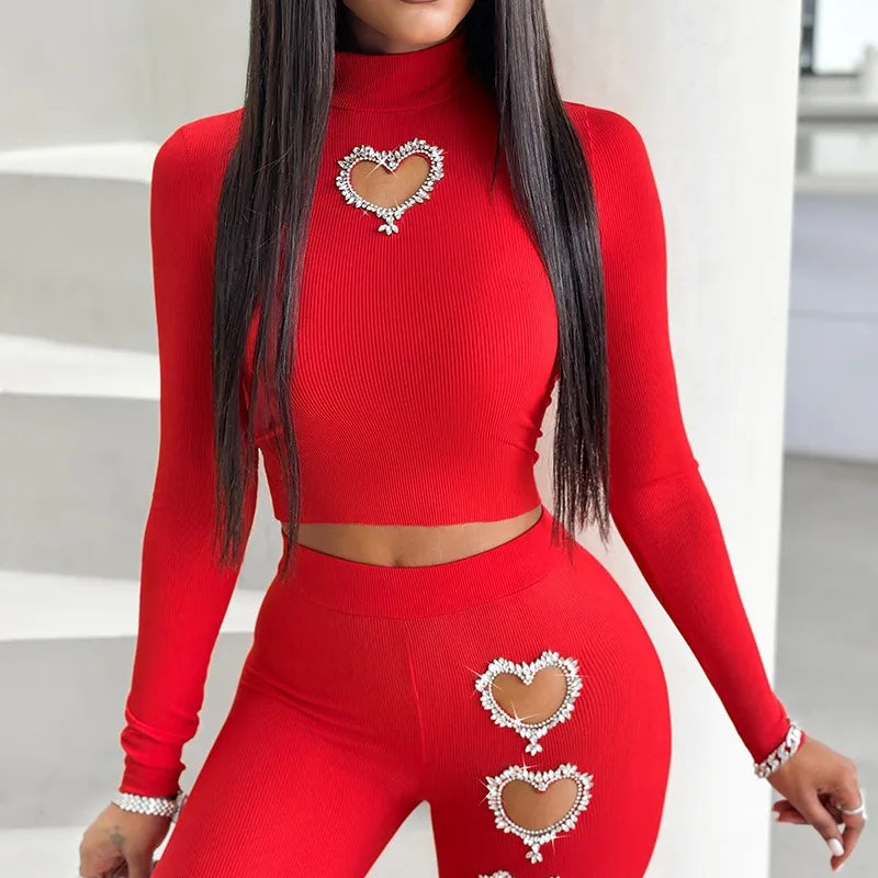 Damen-Set 2-teilig Rollkragen Sexy & Figurbetont – Langarm-Top mit Cut-outs & Hose High Waist | Chic & Trendy
