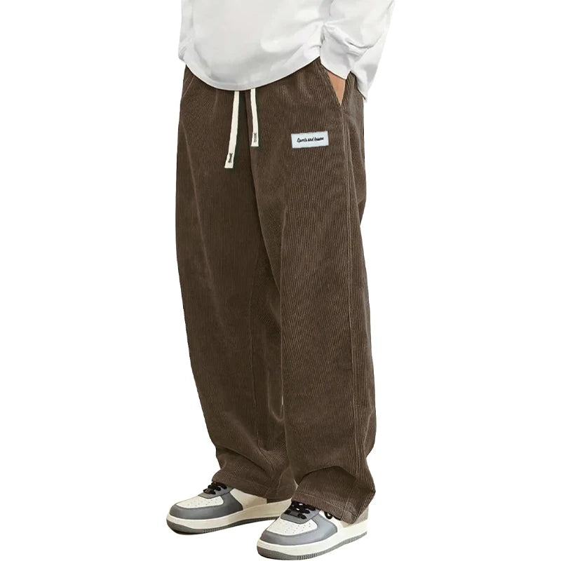 Pantalon Velours Côtelé Homme Loose Fit Coupe Droite Automne – Taille Élastique Cordon Outdoor Streetwear | Mode Homme