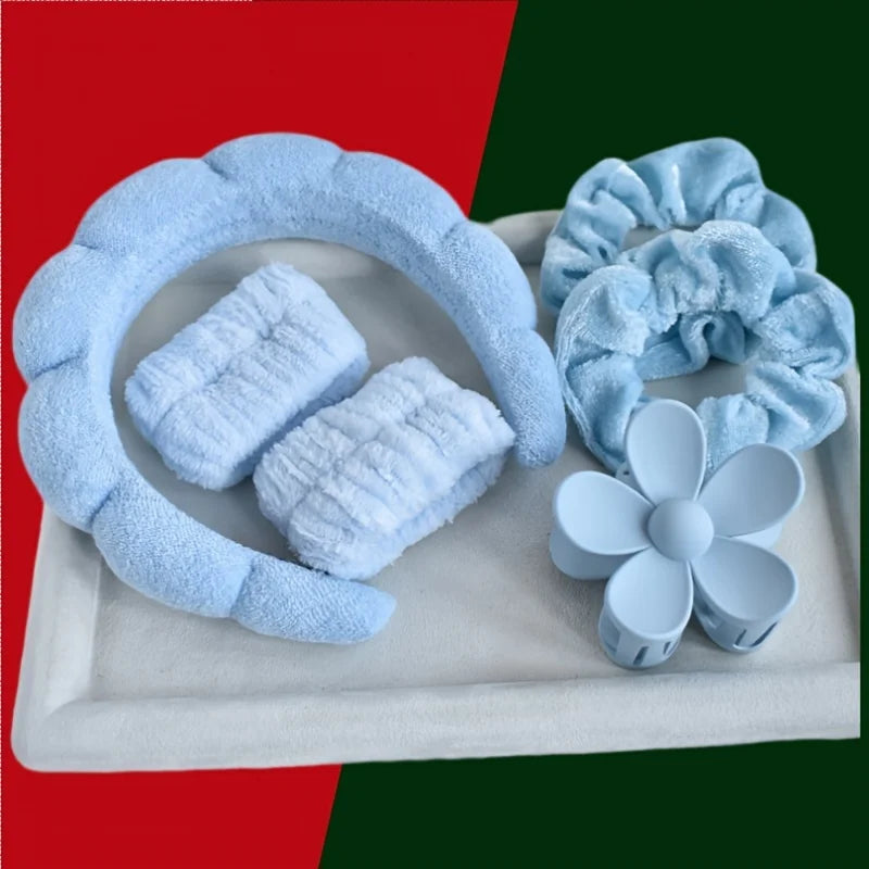 Set Spa 6 Pièces Velours - Bandeau, Pince & Bracelets Soin Visage & Maquillage