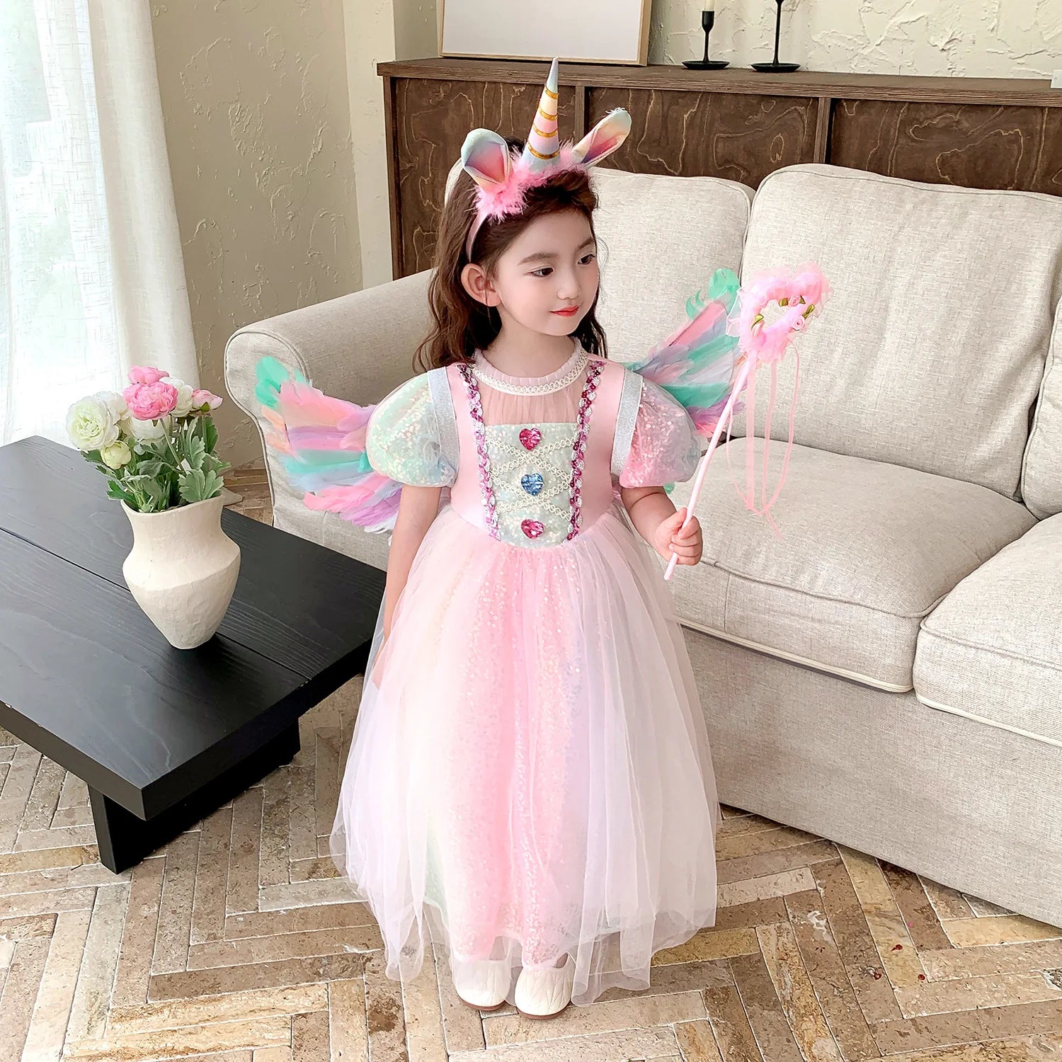 Meerjungfrau Prinzessin Kleid Mädchen Pailletten Perlen Puffärmel – Faschingskostüm Halloween Cosplay
