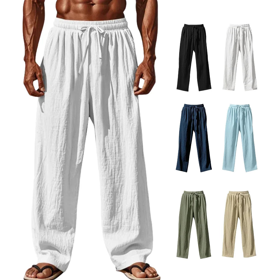 Pantalon Homme Lin Coton Casual Straight Leg Confortable – Cordon Taille Élastique Grande Taille S-4XL | Mode Homme Décontracté