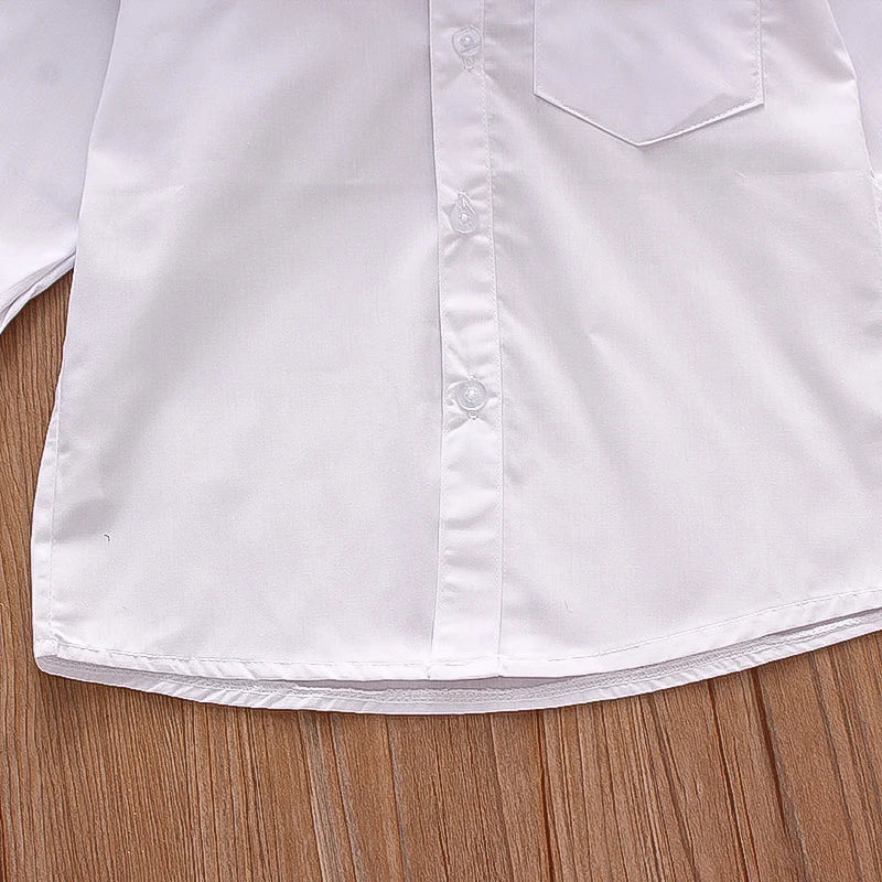 Chemise Garçon Manches Longues Col Rabattu Poche Épaule – Chemise Blanche Confortable Printemps Automne Enfant