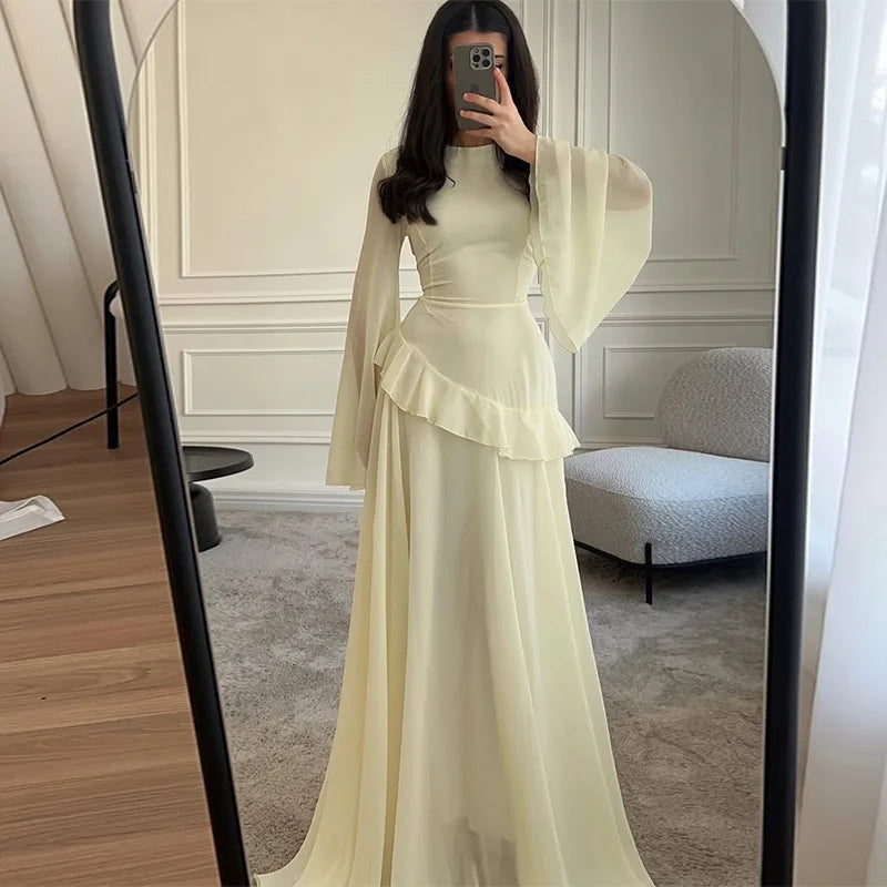 Robe Maxi Femme Chiffon Unie Volants Manches Papillon Col Rond – Élégante Soirée & Gala | 2025