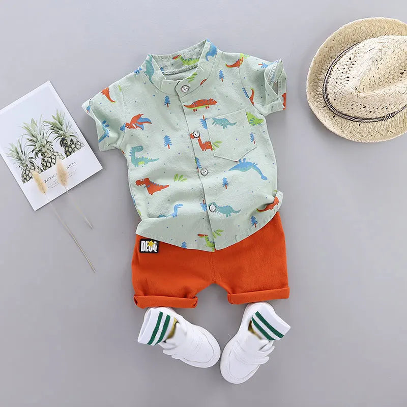 Ensemble 2 Pièces Bébé Imprimé Dinosaure Cartoon – Chemise Col Montant Manches Courtes Garçon