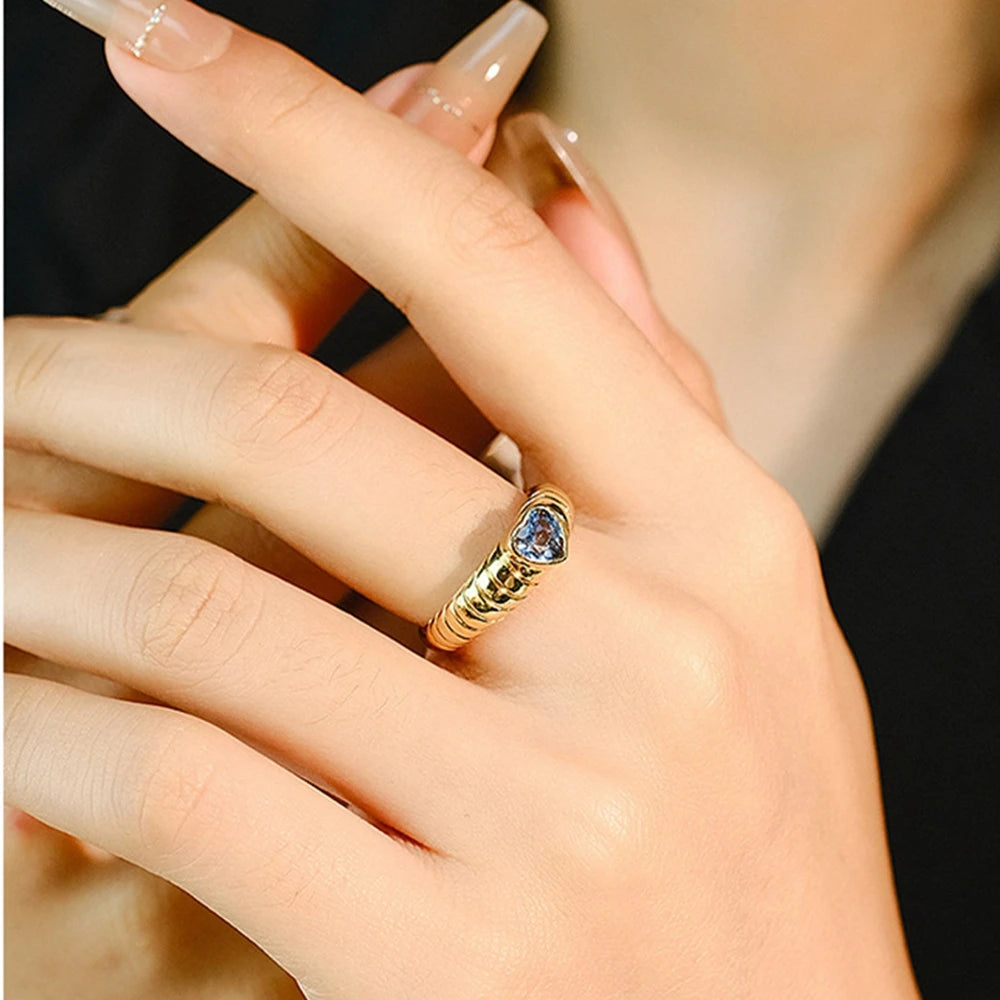 Bague Vintage Cœur Aigue-Marine & Rubis 6MM Plaqué Or 18K Argent 925 – Pierre Précieuse Naturelle | Joaillerie Luxe Femme | Cadeau Bijou Premium
