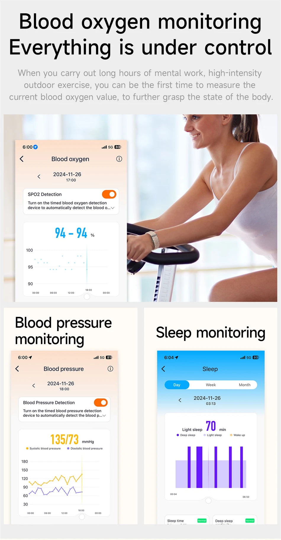 Bracelet Connecté Sport & Santé – Suivi Continu 24h/24 | Sommeil, Stress & Multi-Sport | Monitoring Santé Automatique
