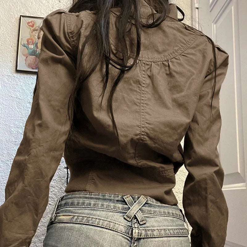 Veste Aviateur Style Américain Rétro – Poches Multiples & Coutures Graphiques | Streetwear Automne Hiver