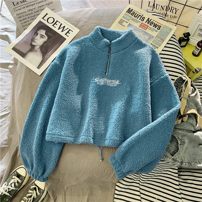 Sweat Court Femme Col Montant Polaire Brodé Cordon Manches Longues Velours Peluche Élégant – Hoodie Crop | Automne