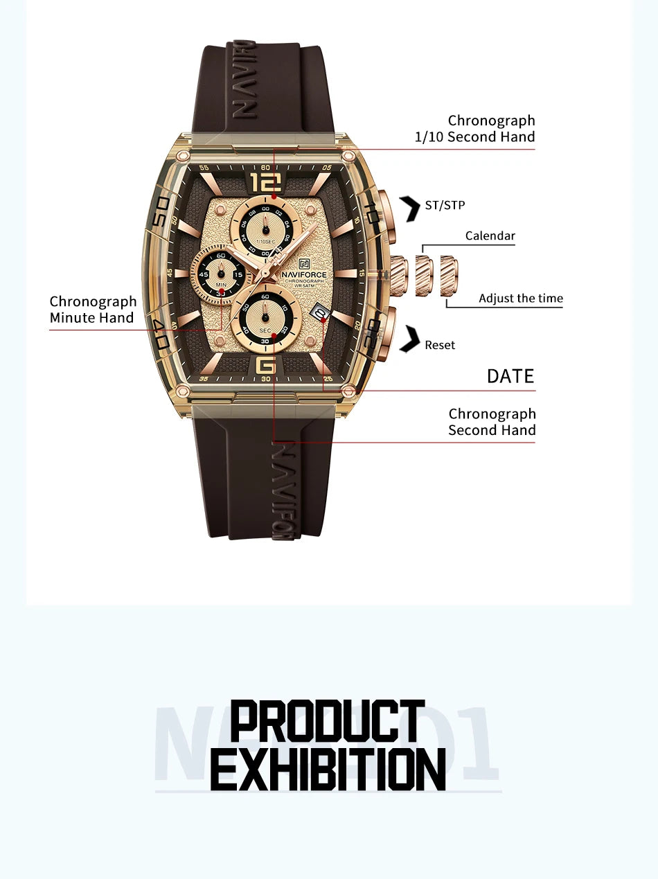 Montre Homme NAVIFORCE Luxe Sport Étanche Bracelet Silicone Quartz Lumineux Chronographe Coffret Cadeau Inclus | Montre NAVIFORCE Chronographe Sport Luxe Premium