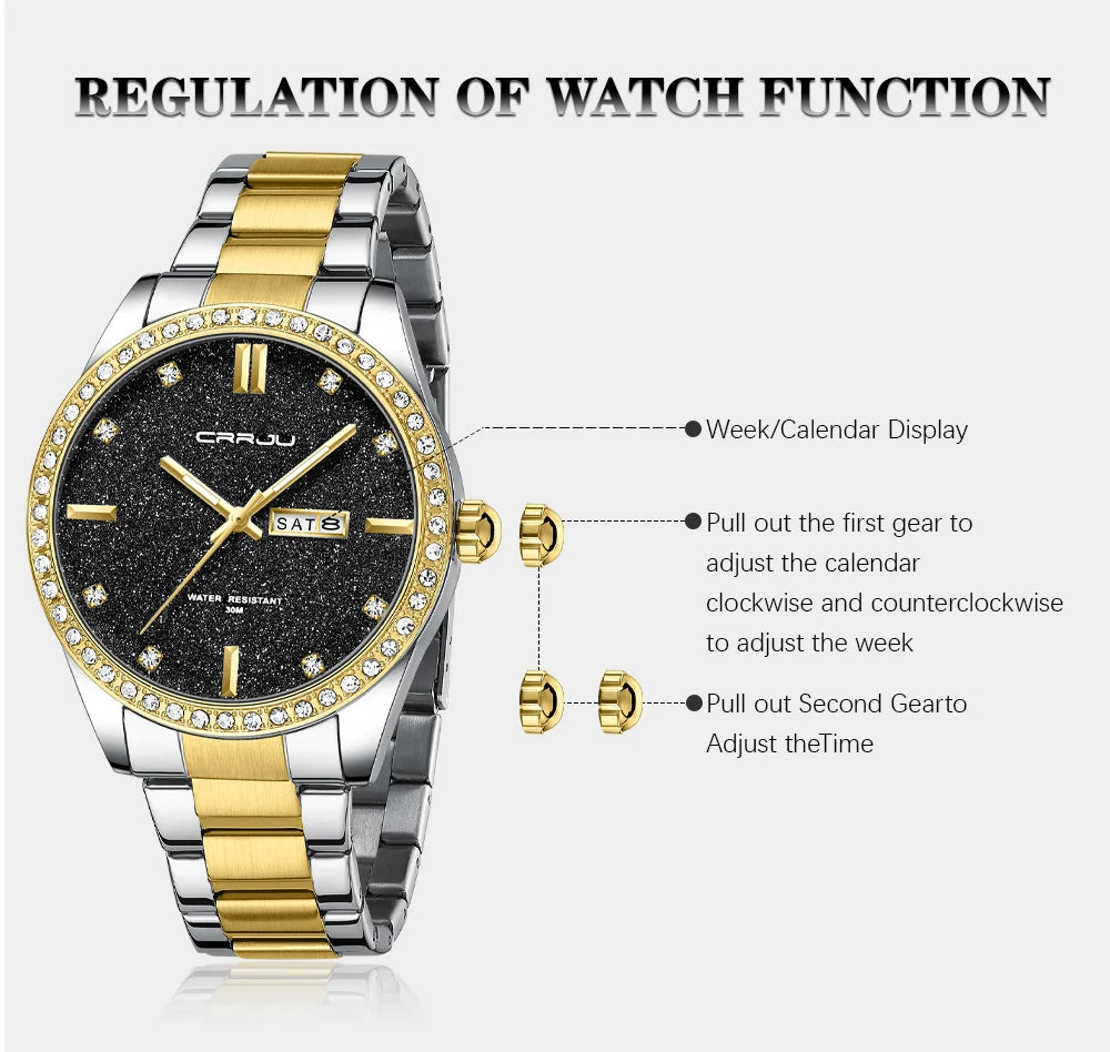 Montre Homme CRRJU Moissanite Diamant Luxe Cadran Doré Acier Inoxydable Lumineux Élégante Premium | Montre CRRJU Moissanite Diamant Luxe Premium