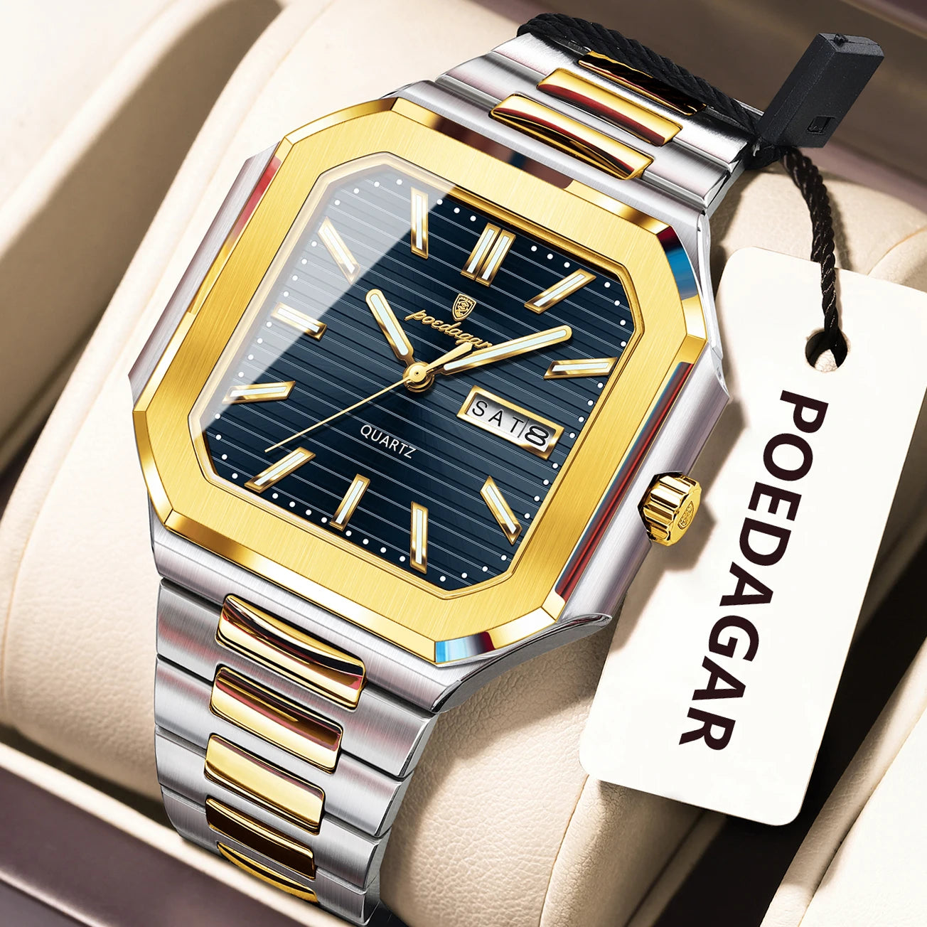 Montre Carrée Luxe Homme Poedagar – Quartz Étanche Lumineuse Date Semaine Acier Inoxydable Fashion