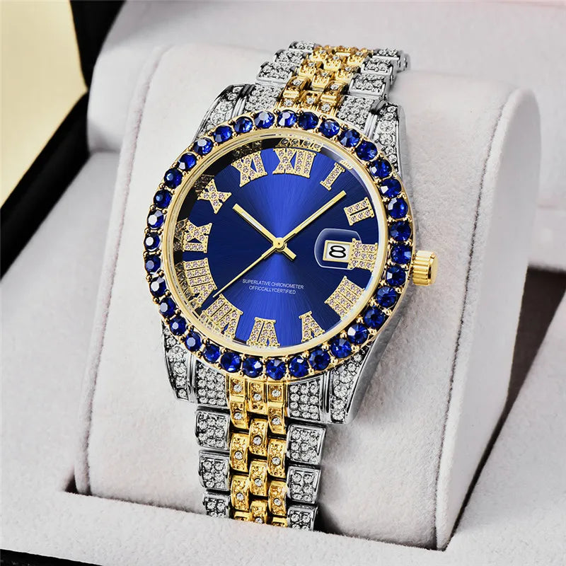 Montre Homme Hip Hop Diamant Fashion Bracelet Alliage Dorée Luxe Date Quartz Tendance Streetwear Bling | Montre Hip Hop Diamant Dorée Premium