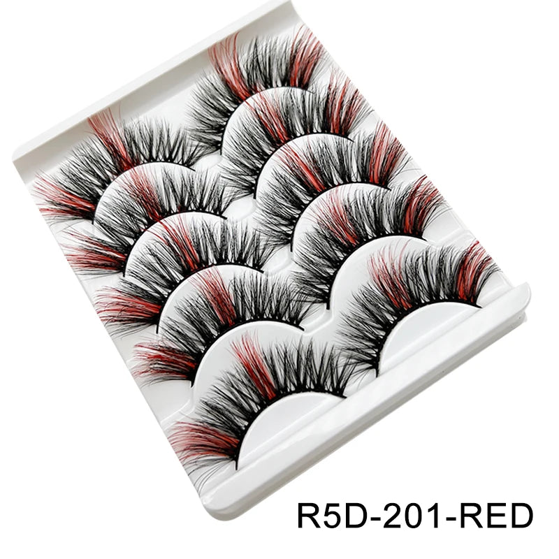 Faux Cils 3D Mink Colorés – Lot 5 Paires Fluffy | Rose, Bleu, Rouge | Maquillage Festif