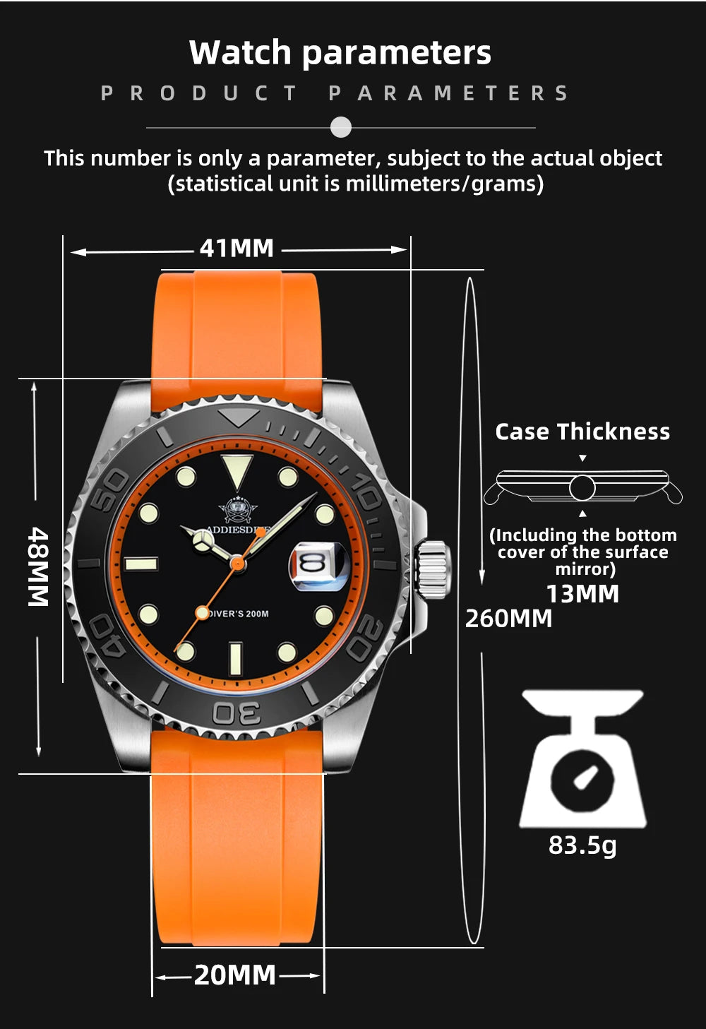 Montre Homme ADDIESDIVE AD2040 Quartz Plongée 41mm – Super Lumineuse 200M Caoutchouc Calendrier