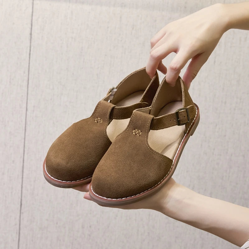 AIYUQI Sandales Cuir Véritable Retro Givré Baotou Romain 2026 – Hollow Flat Femme