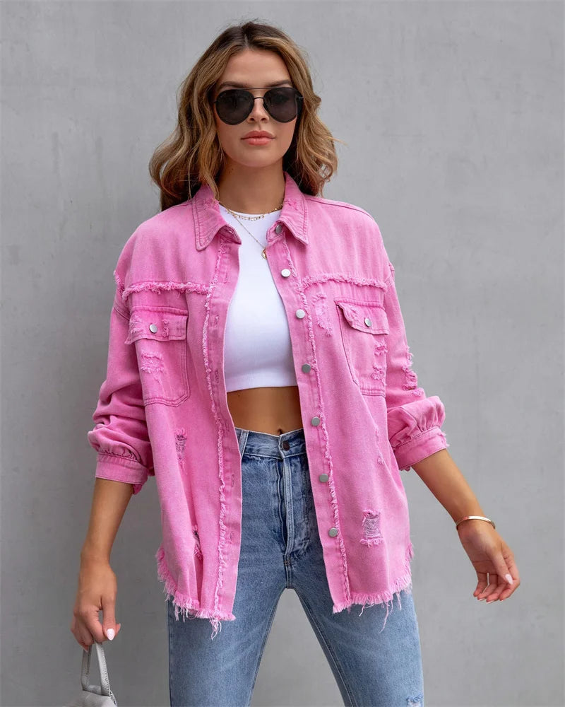 Veste en Jean Femme Bords Bruts Troués – Style Chemise Casual | Printemps Automne Tendance 2025