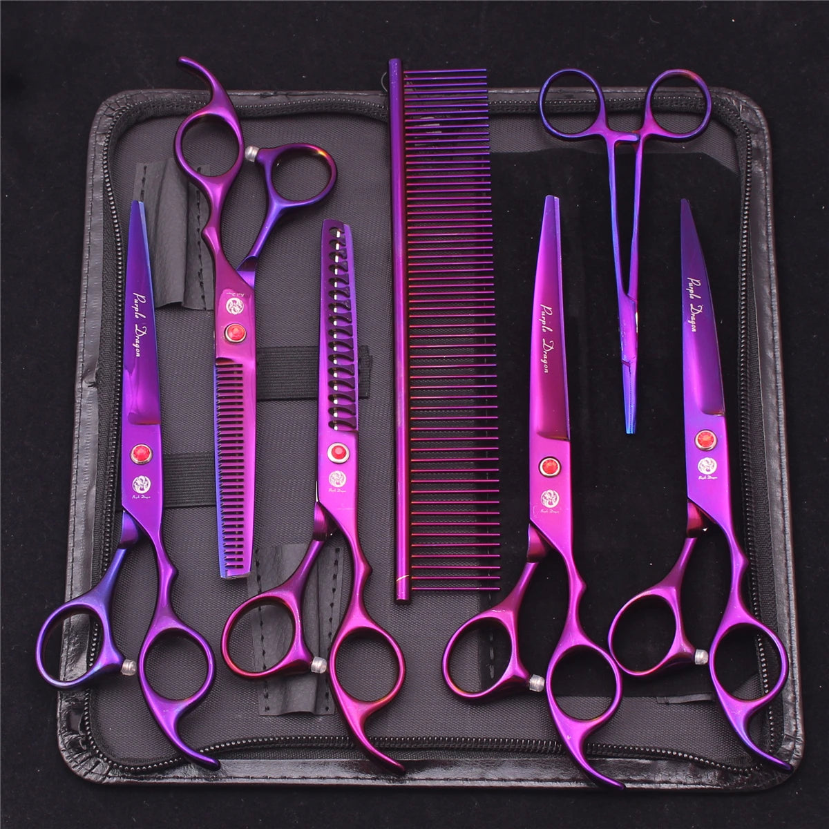 Kit Ciseaux Toilettage Chien Purple Dragon 18cm Inox – Droits Effileurs Chunker Courbés | Toiletteur Professionnel Animaux Z3003