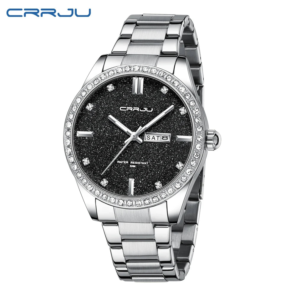 Montre Homme CRRJU Moissanite Diamant Luxe Cadran Doré Acier Inoxydable Lumineux Élégante Premium | Montre CRRJU Moissanite Diamant Luxe Premium