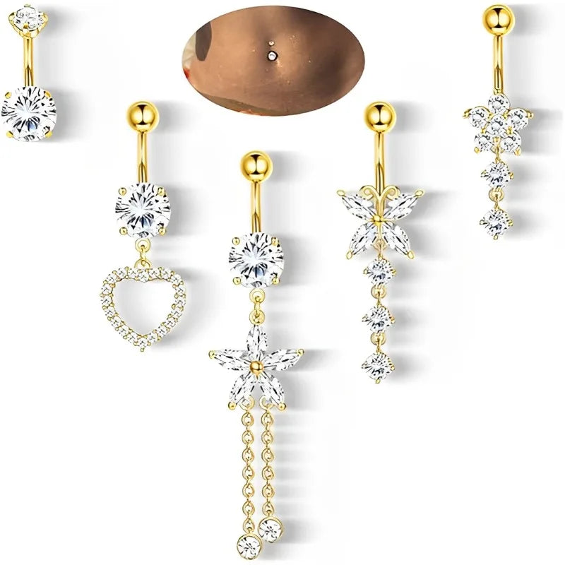 Piercing Nombril 14G Acier Chirurgical Fleur CZ Pendentif – Anneau Nombril Femme Premium & Hypoallergénique | Body Jewelry Élégant & Sécurisé