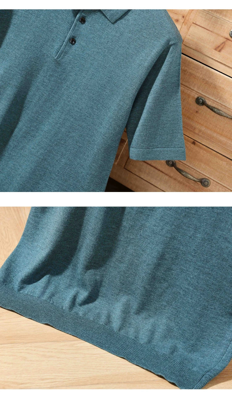 Pull Polo Homme 100% Laine Mérinos – Col Lapierre Manches Courtes Tricoté Loose Été Grande Taille