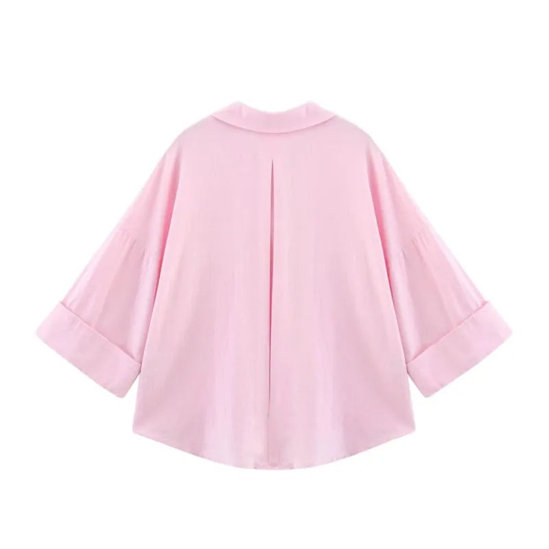 Chemise Femme Manches Larges Col Johnny – Ourlet Asymétrique & Boutons | Style Casual Chic Printemps