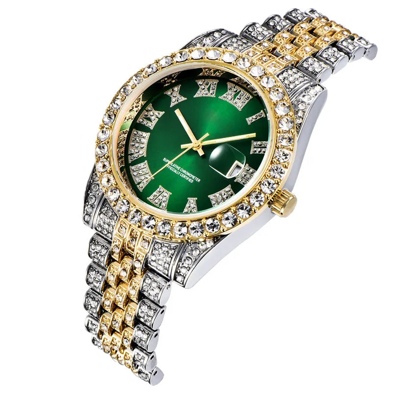 Montre Homme Hip Hop Diamant Fashion Bracelet Alliage Dorée Luxe Date Quartz Tendance Streetwear Bling | Montre Hip Hop Diamant Dorée Premium