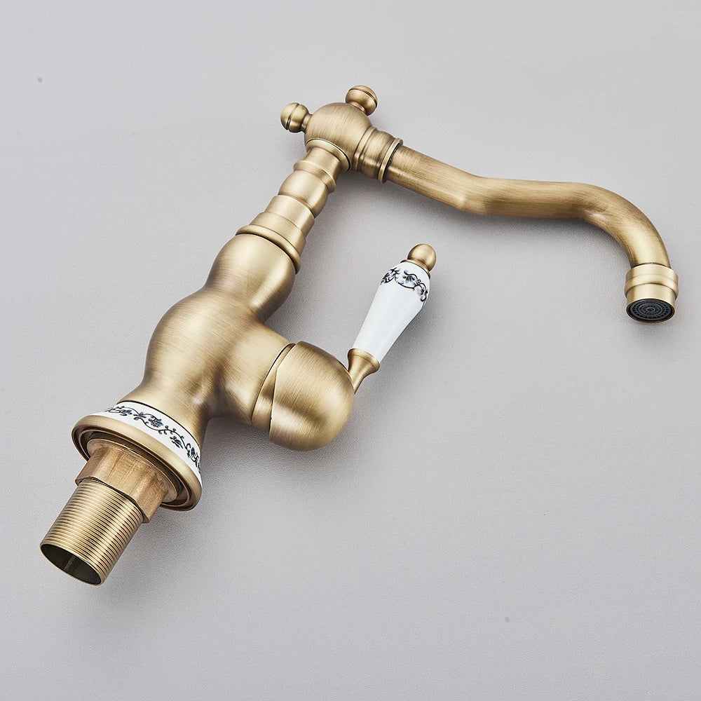 Robinet Laiton Antique Mono-Trou – Poignée Céramique Pivotante, Mitigeur Eau Chaude & Froide | Cuisine & Salle de Bain
