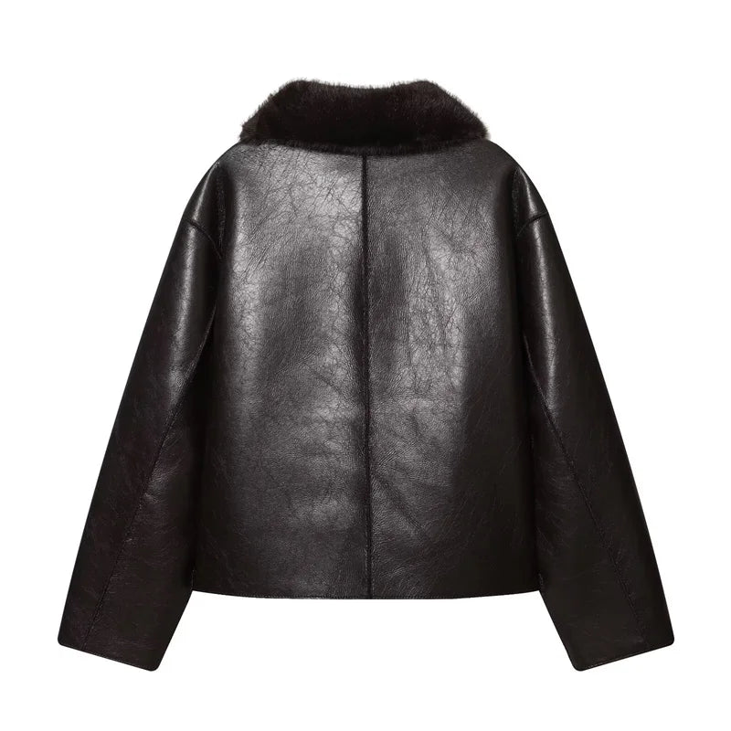 Veste Femme Cuir Synthétique Réversible Marron 2025 – Manches Longues Automne Hiver Unique