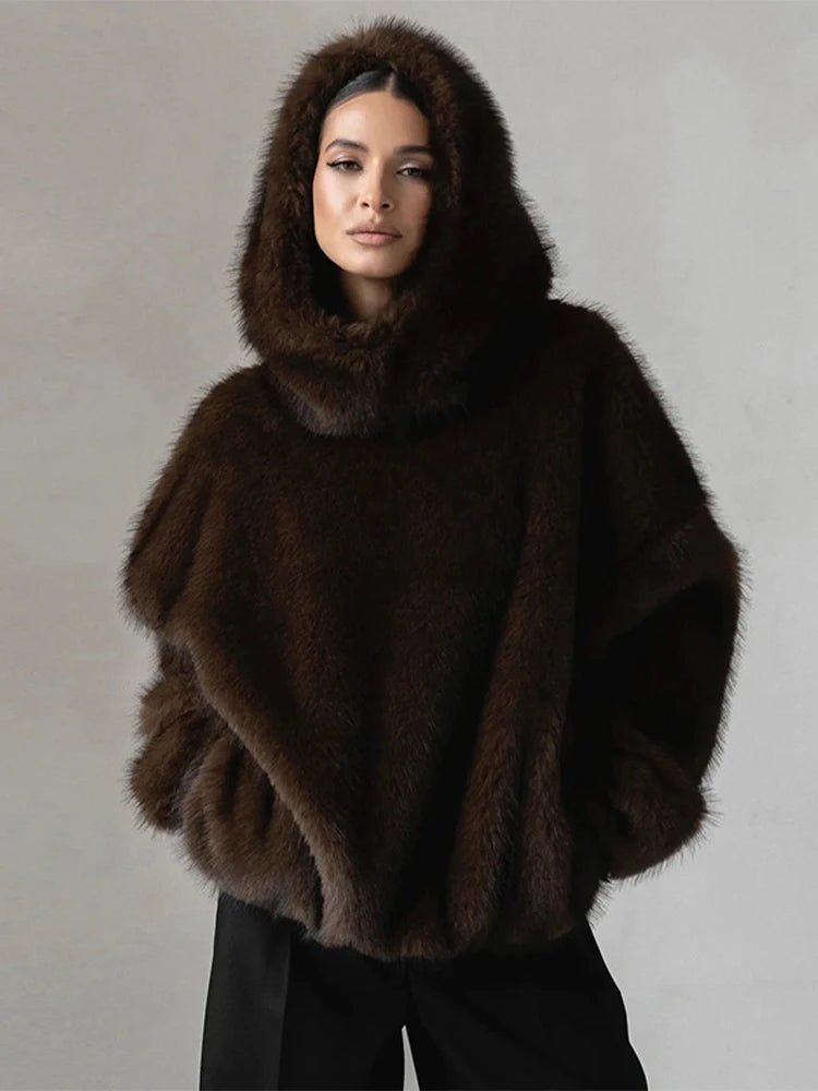 Manteau Fourrure Synthétique à Capuche Femme – Pull Oversize Chaud Marron | Mode Streetwear Automne Hiver