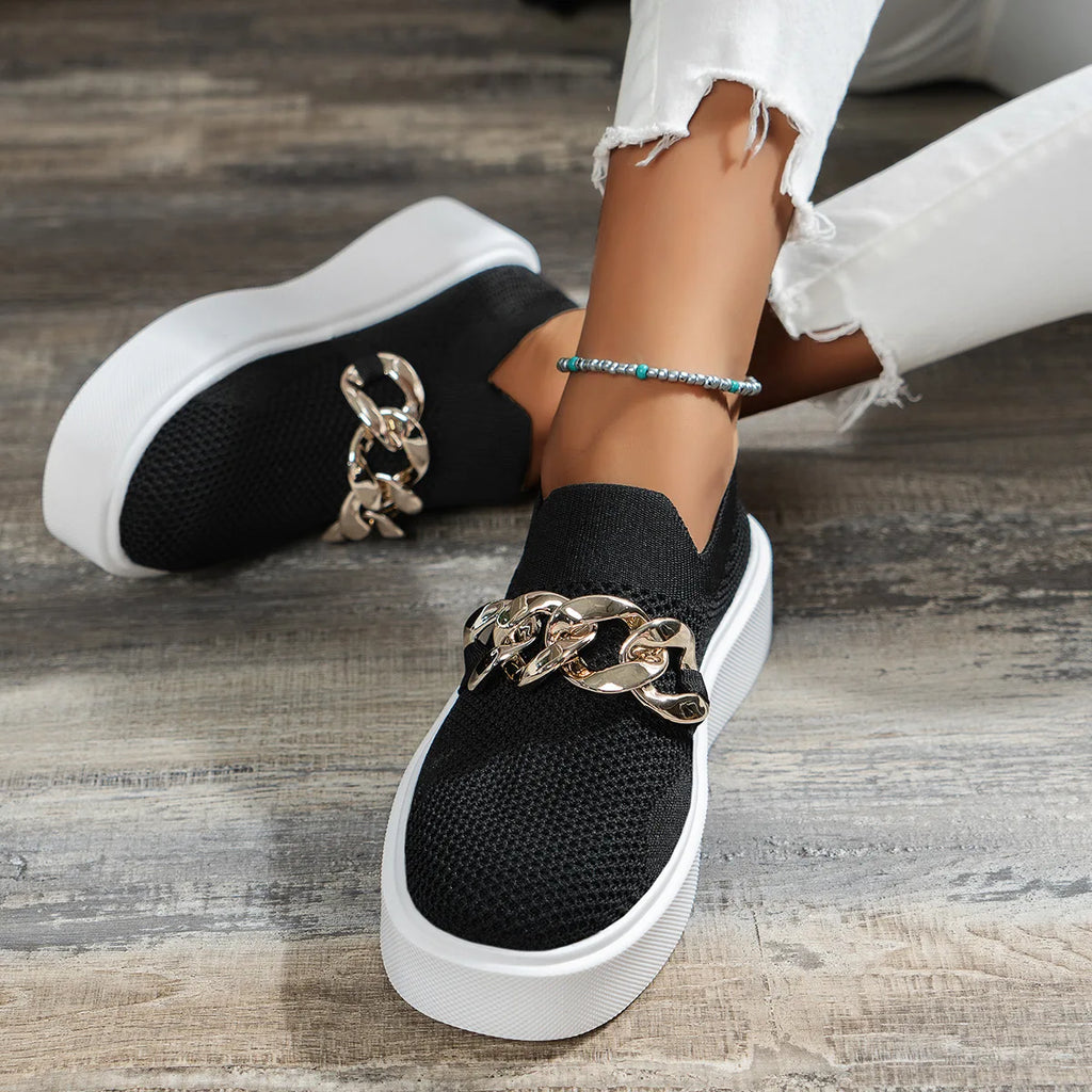 Ballerines Plateforme Noires Chaîne Métal Femme 2025 – Loafers Mesh Oxford Designer Casual