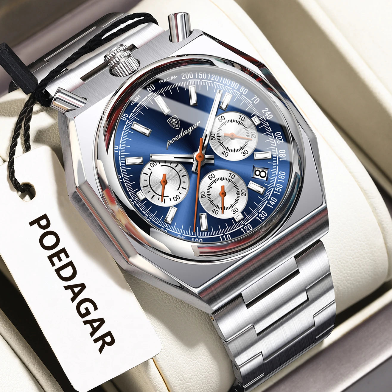 Montre Homme Luxe POEDAGAR Chronographe Militaire Acier Inoxydable Lumineux Étanche + Boîte