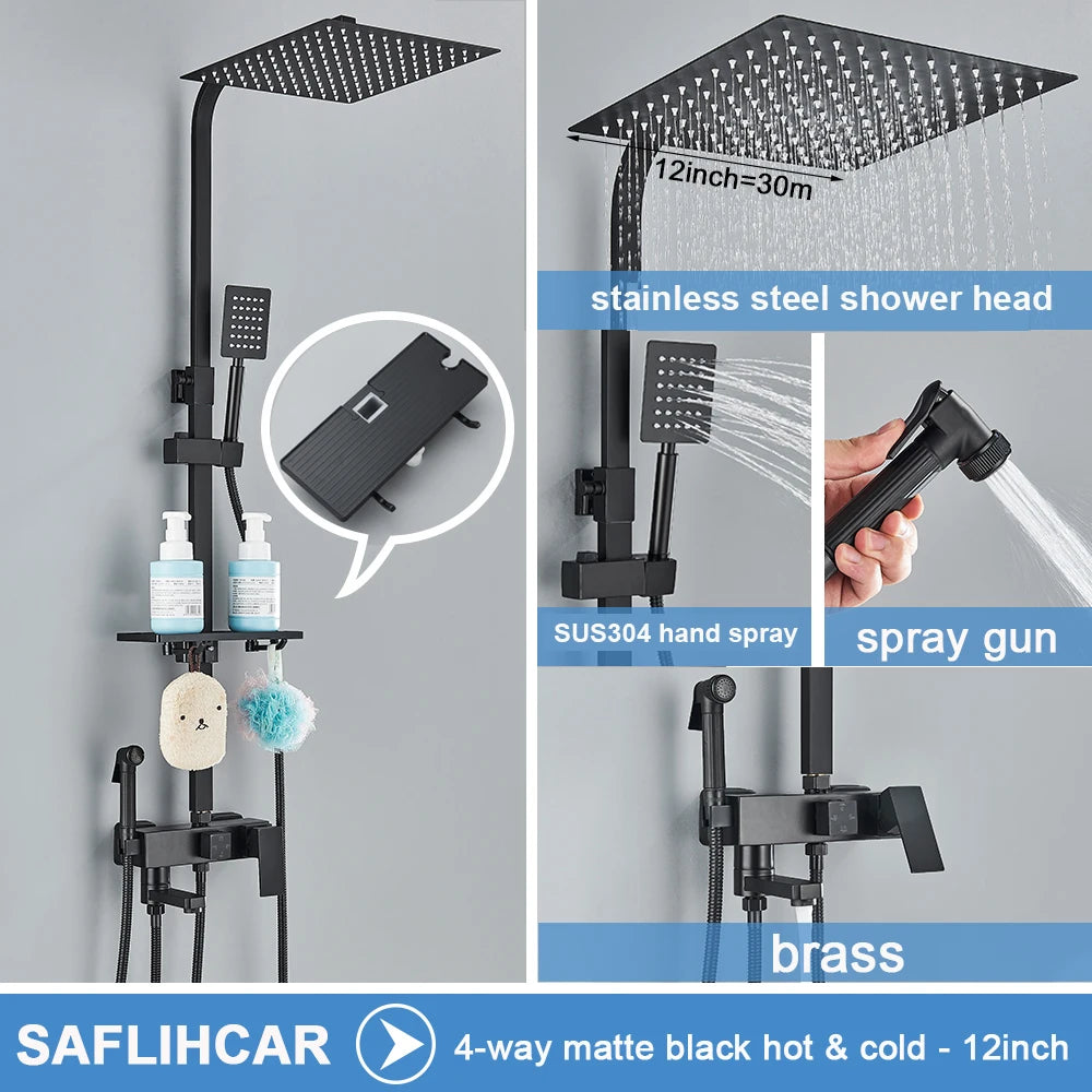 Ensemble Douche Pluie Mural Noir & Chrome Laiton – Étagère Offerte, Mitigeur Eau Chaude & Froide | Système Complet Salle de Bain