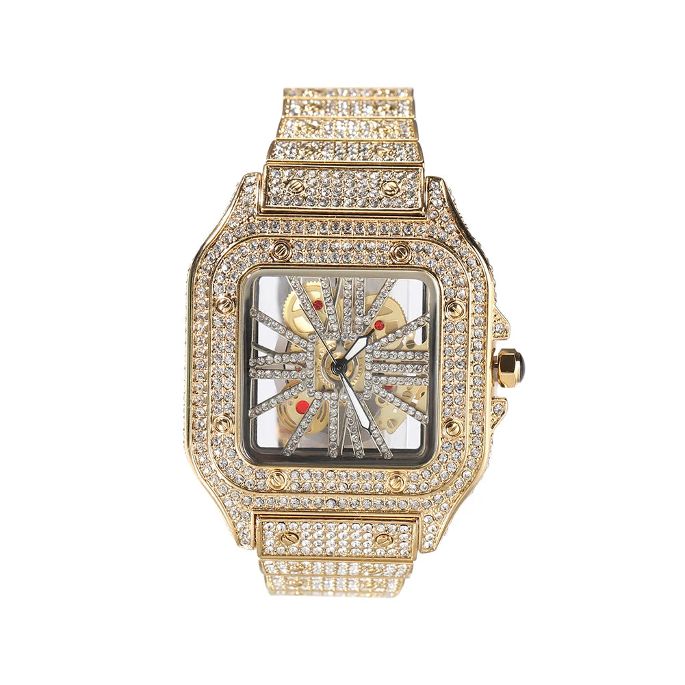 Montre Quartz Transparente Rhinestone Luxe Homme – Cadran Carré Skeleton 35mm Automatique