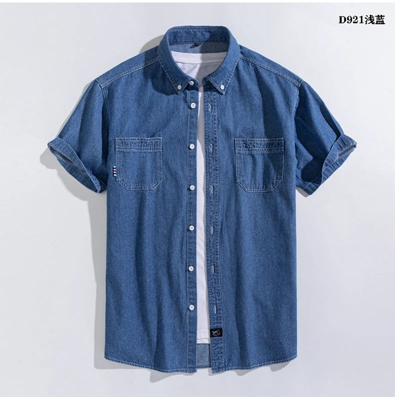 Chemise Jean Bleu Homme Manches Courtes 2023 – Coton Qualité Premium Été Plus Size M-4XL
