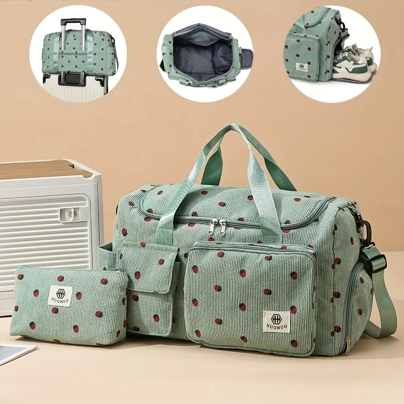 Sac de Voyage Fraise Velours Côtelé – Grande Capacité Bandoulière Léger Sport Fitness Bagage