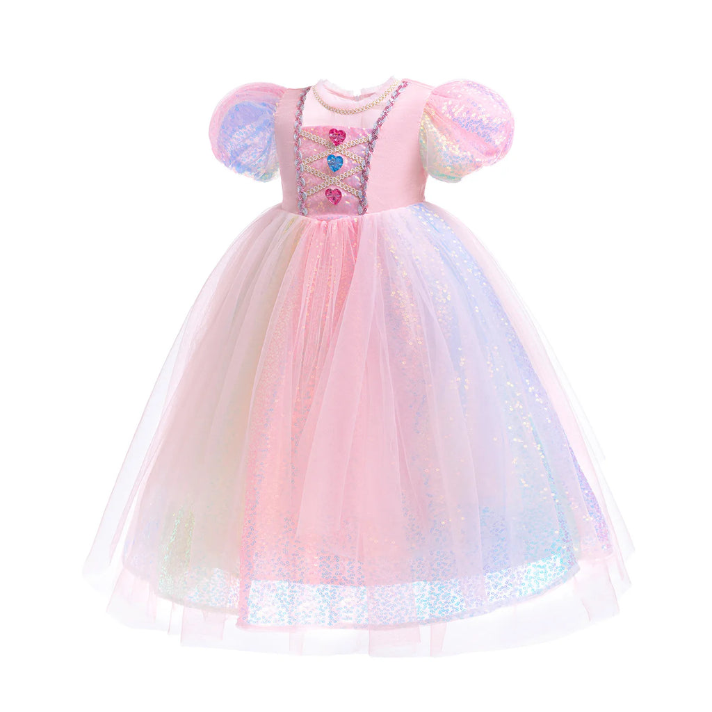 Meerjungfrau Prinzessin Kleid Mädchen Pailletten Perlen Puffärmel – Faschingskostüm Halloween Cosplay