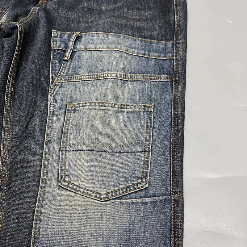 Gerade geschnittene Jeans Patchwork Streetwear 2025 – Japanische Skater-Passform mit mehreren Taschen in großen Größen