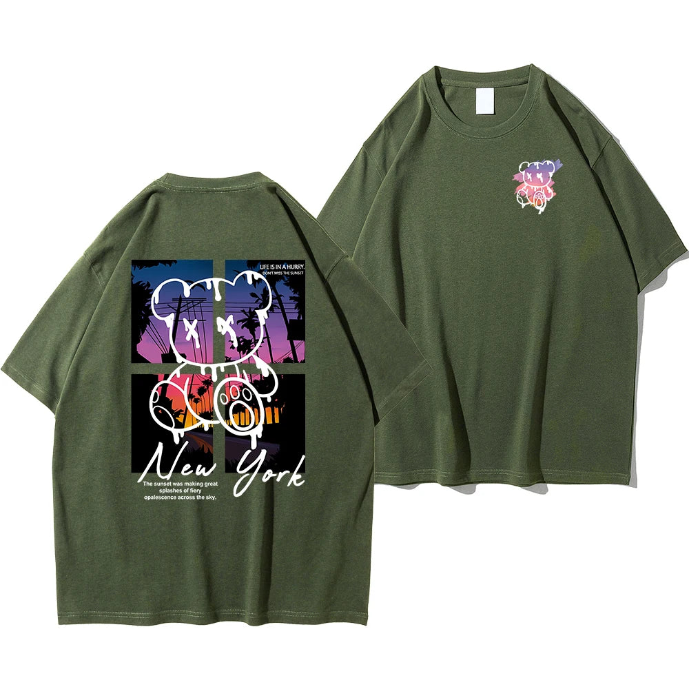 T-Shirt Homme New York Art Cartoon Bear Coucher de Soleil Coton Loose Oversize Été Streetwear Graphic Fashion Tendance Confortable – T-Shirt Graphic Art Premium Oversize New York | Mode Homme Streetwear Graphic Art Premium
